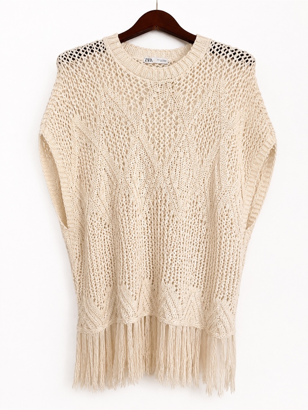 Zara Cream Open-Knit Fringe Poncho